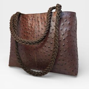 Falor Le Borse Genuine Leather Ostrich Brown Bag Braided Strap Made in Italy